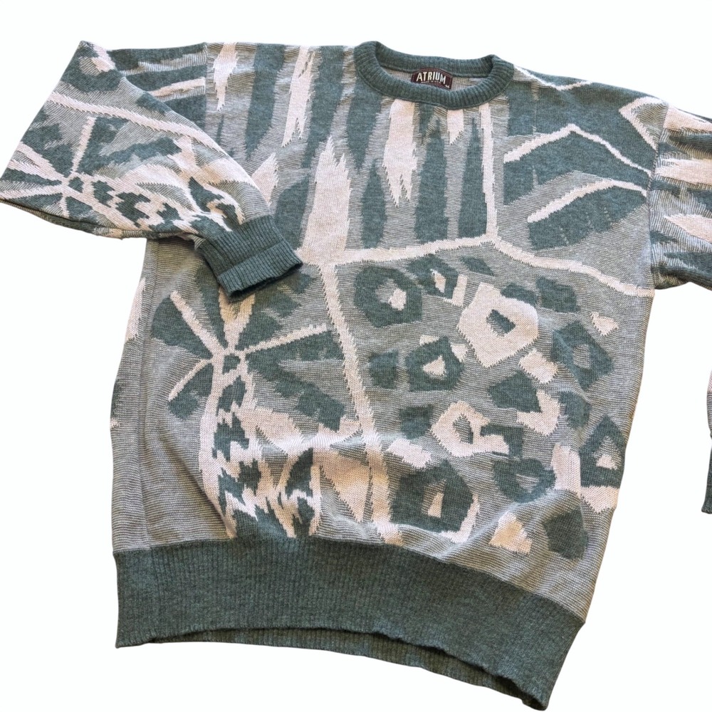 Vintage 80s Atrium USA Abstract Geometric Acrylic Knit Sweater Grey Pink M
